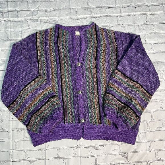 Nancy Lee Kaufman Cardigan One Size Oversized XL 2x Purple Striped Sweater - Picture 1 of 11